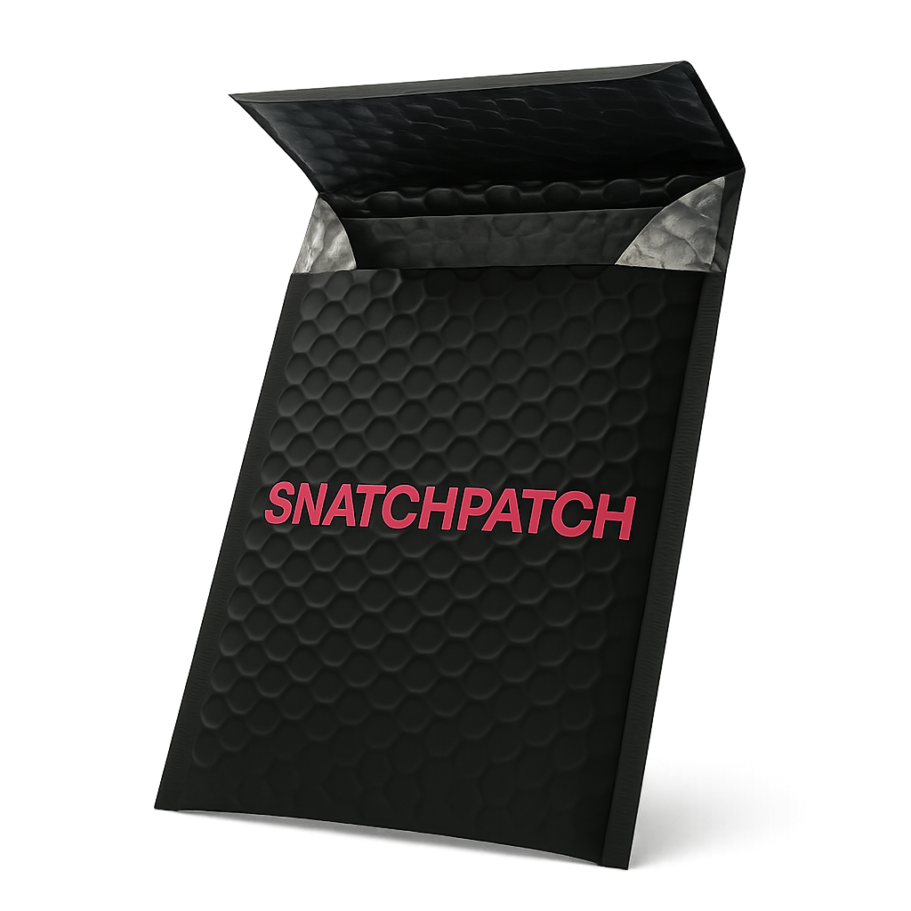 Discreet black bubble mailer with SnatchPatch branding